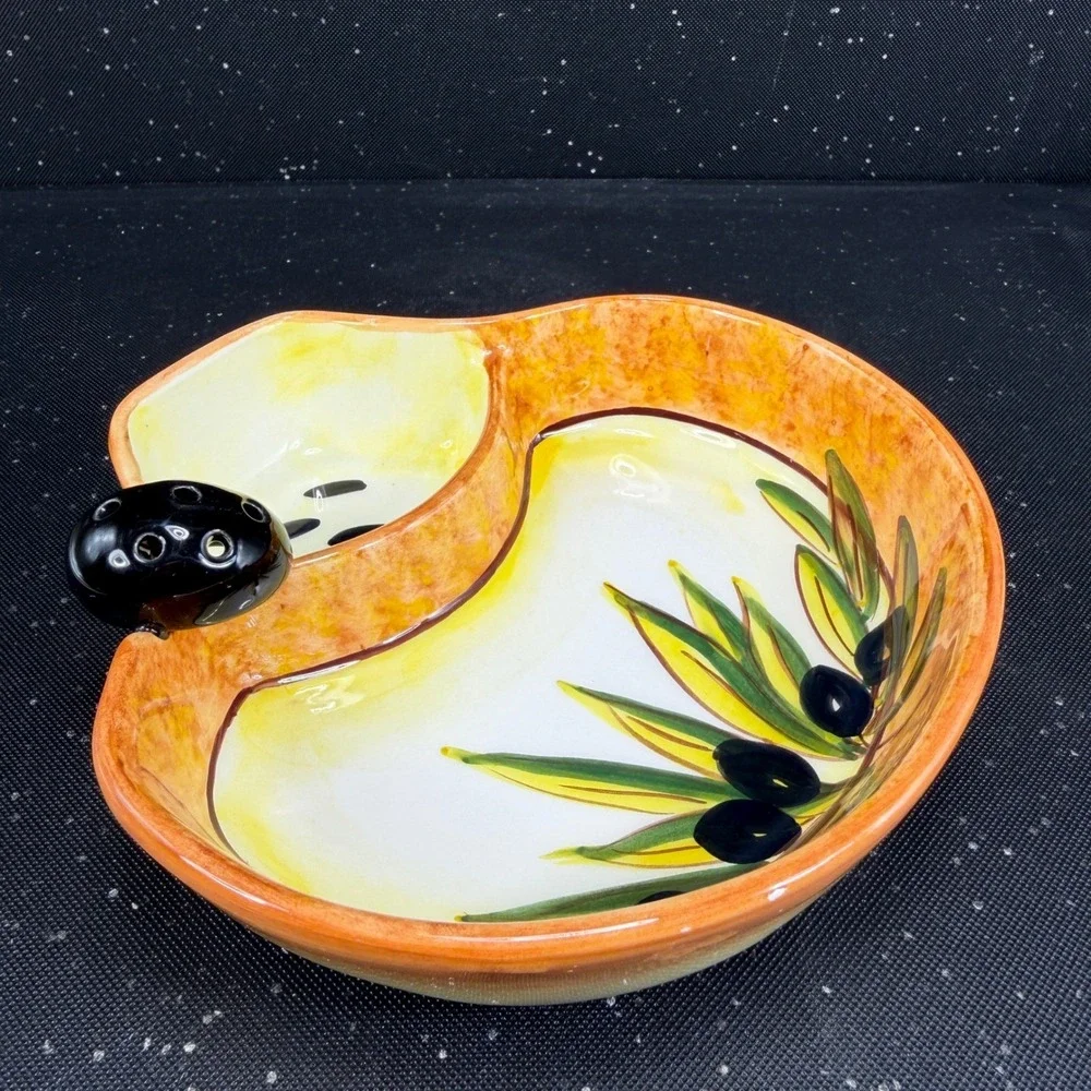 Hand Painted Ceramic Olive Serving Dish Mediterranean Signed 6in Orange Yellow